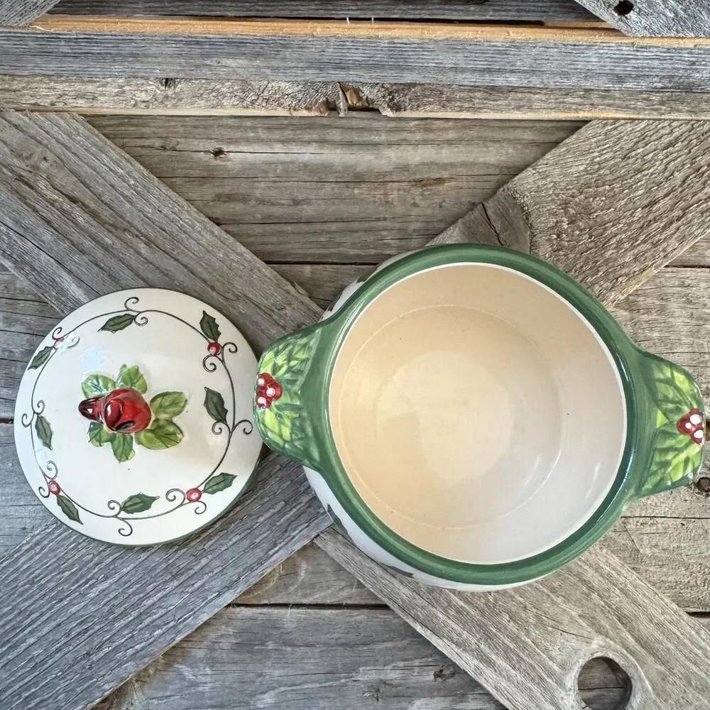 Cardinal & Holly by Temp-Tations by Tara, Ceramic Covered Soup Bowl, 18oz, Disc.